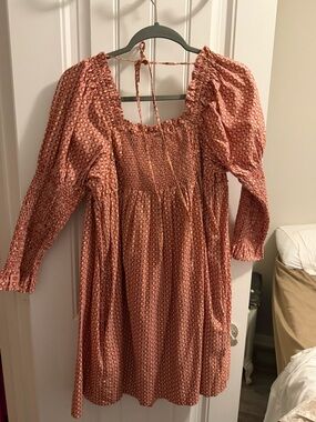Free People Smocked Puff-Sleeve Mini Dress in Rust Print